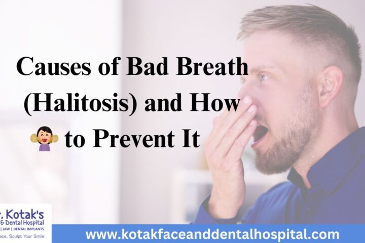 Person covering their mouth due to bad breath, with visual cues of common causes like food, poor oral hygiene, and dental issues.