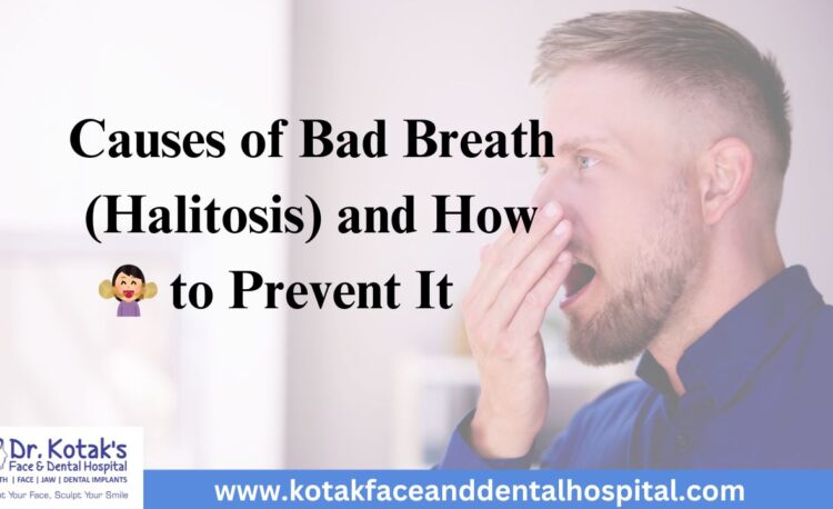 Person covering their mouth due to bad breath, with visual cues of common causes like food, poor oral hygiene, and dental issues.