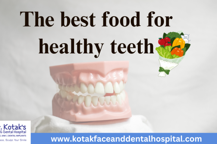 A selection of healthy foods like dairy, leafy greens, fruits, and vegetables promoting strong teeth and gums at Dr. Kotak's Face and Dental Hospital.