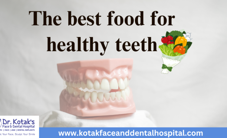 A selection of healthy foods like dairy, leafy greens, fruits, and vegetables promoting strong teeth and gums at Dr. Kotak's Face and Dental Hospital.