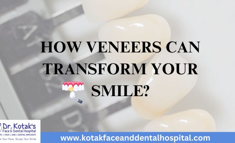 efore and after images showing how dental veneers can transform a smile by correcting stains, chips, and misalignment at Dr. Kotak’s Face and Dental Hospital."